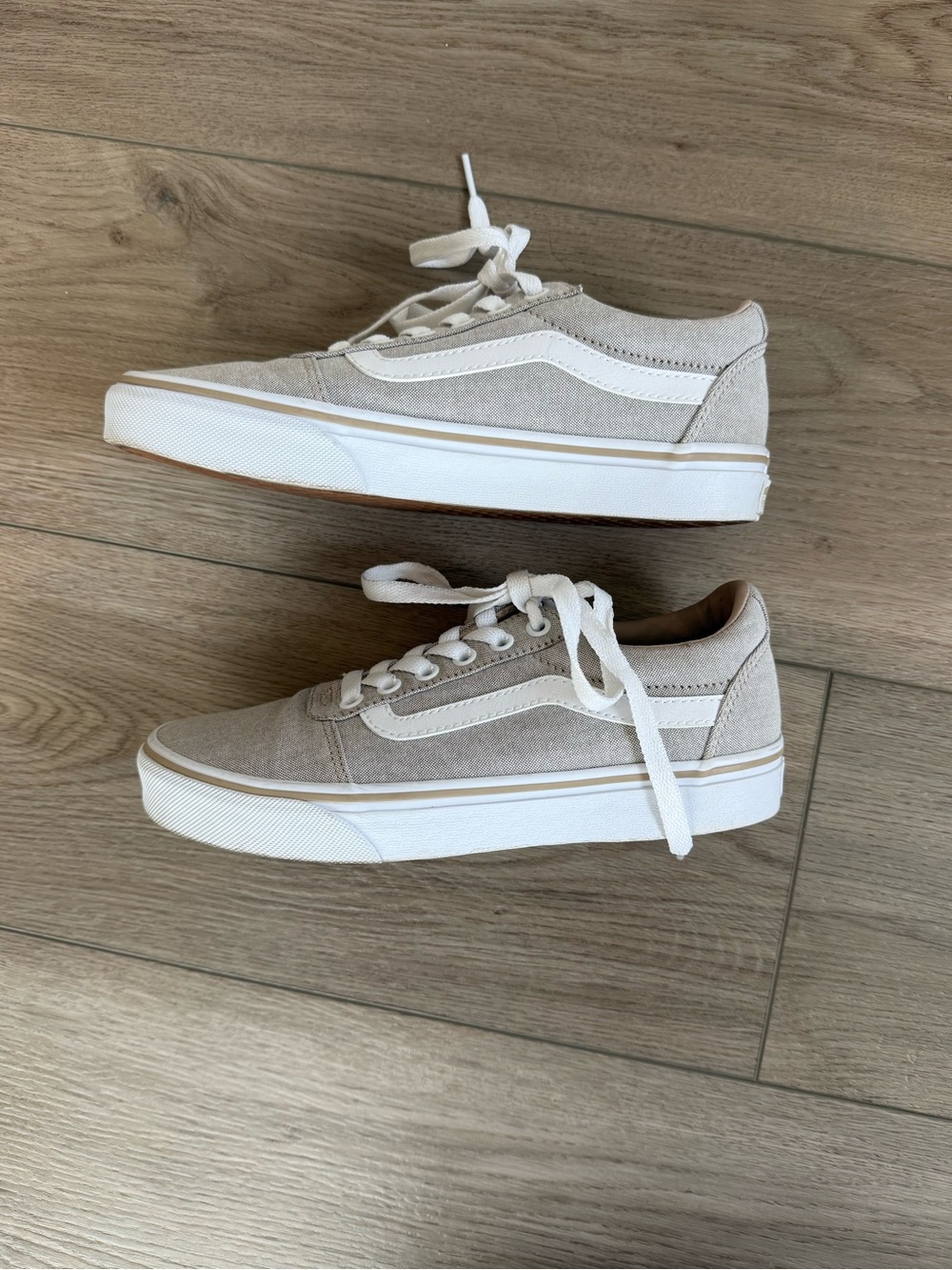 Vans Women’s Old Skool Canvas Sneakers in Taupe and White - Picture 3 of 8